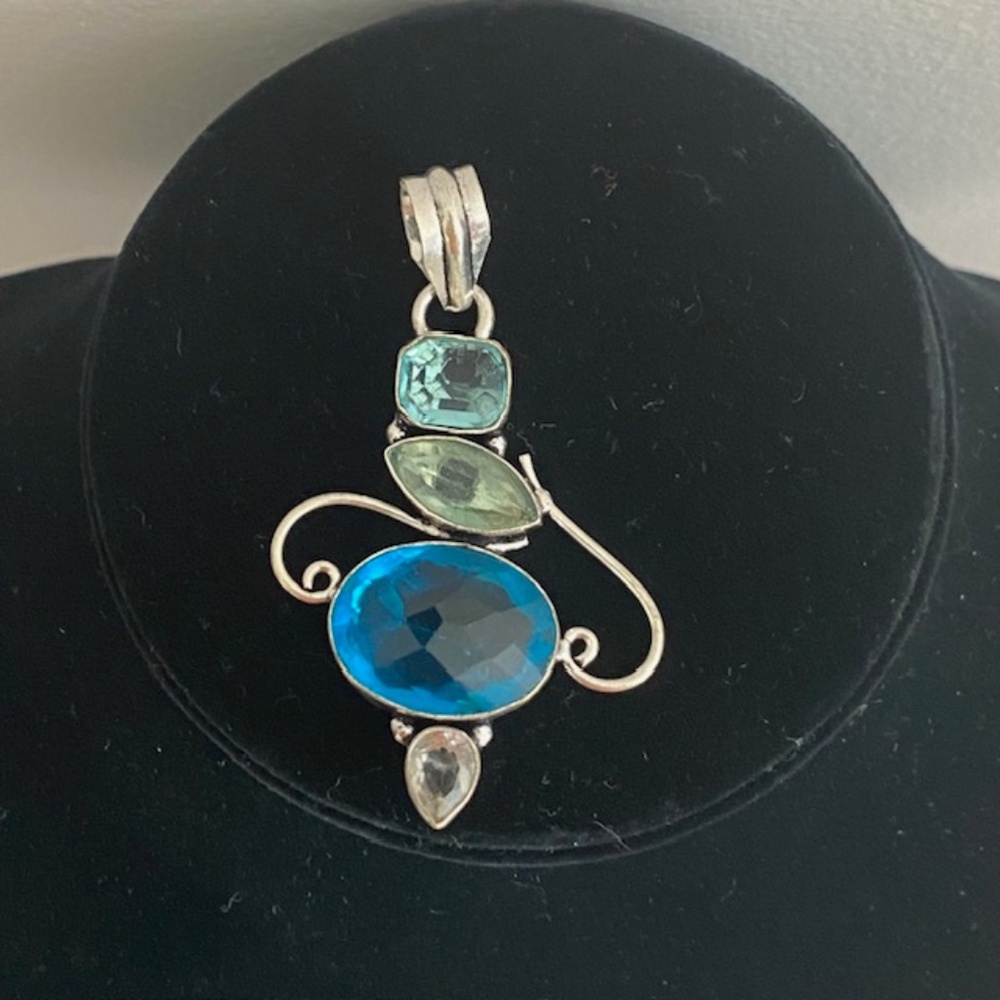 Hand Crafted Blue Topaz Tourmaline Crystal 925 Sterling Silver Pendant